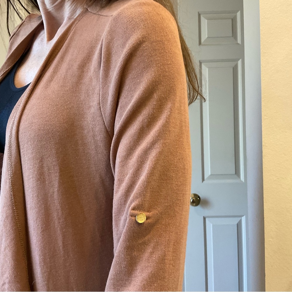 She + Sky Long sleeve knit jacket, long, solid tan wrap style, Soft! Comfy! Sz S - Picture 8 of 11